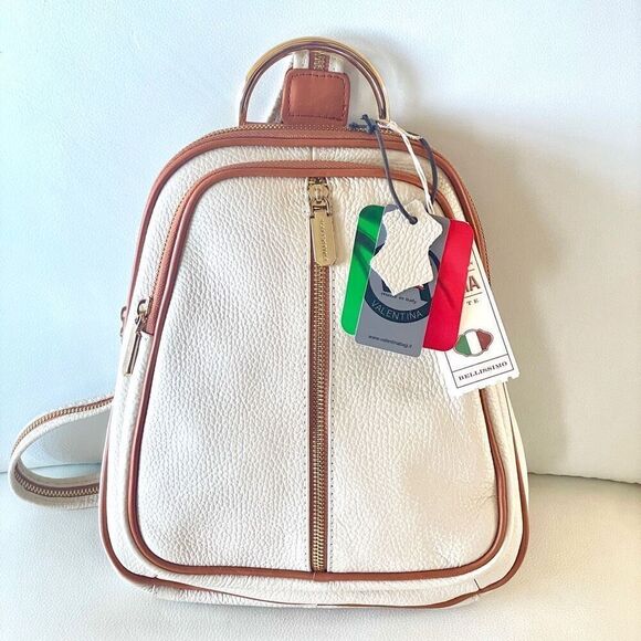 NWT Valentina Genuine Ivory & Tan Pebble Italian Leather Convertible Backpack - Picture 1 of 12